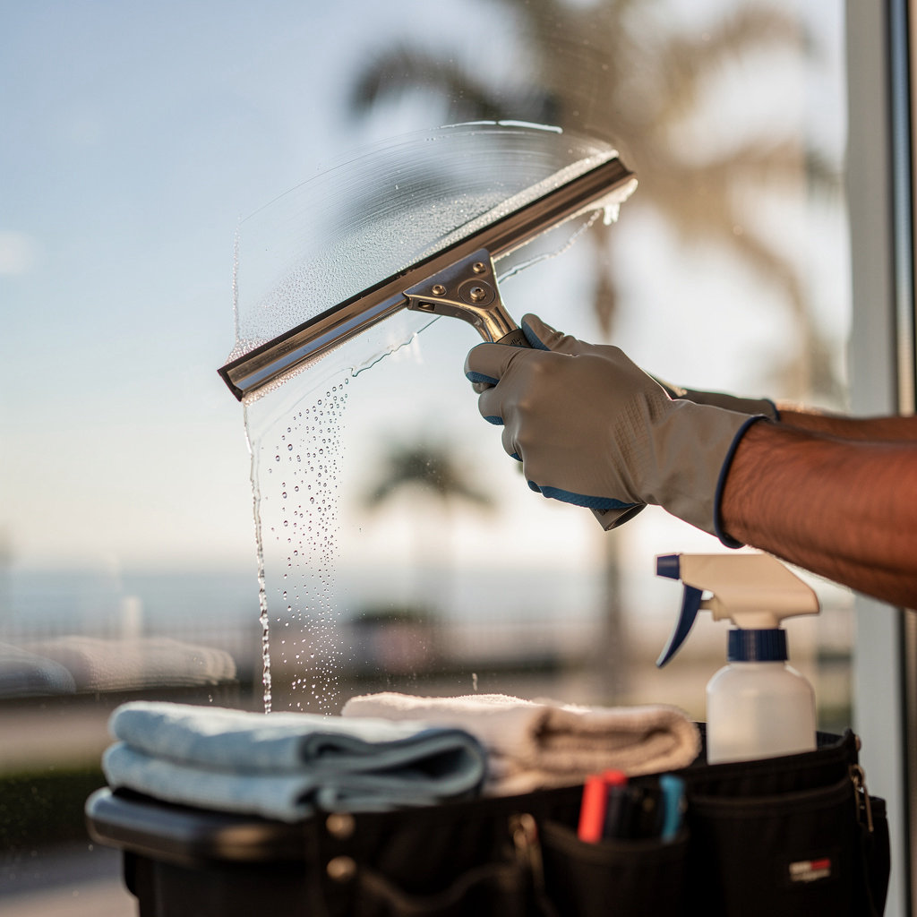 Tim Grants Window Cleaning professional providing reliable window washing service for a satisfied customer in San Diego, California